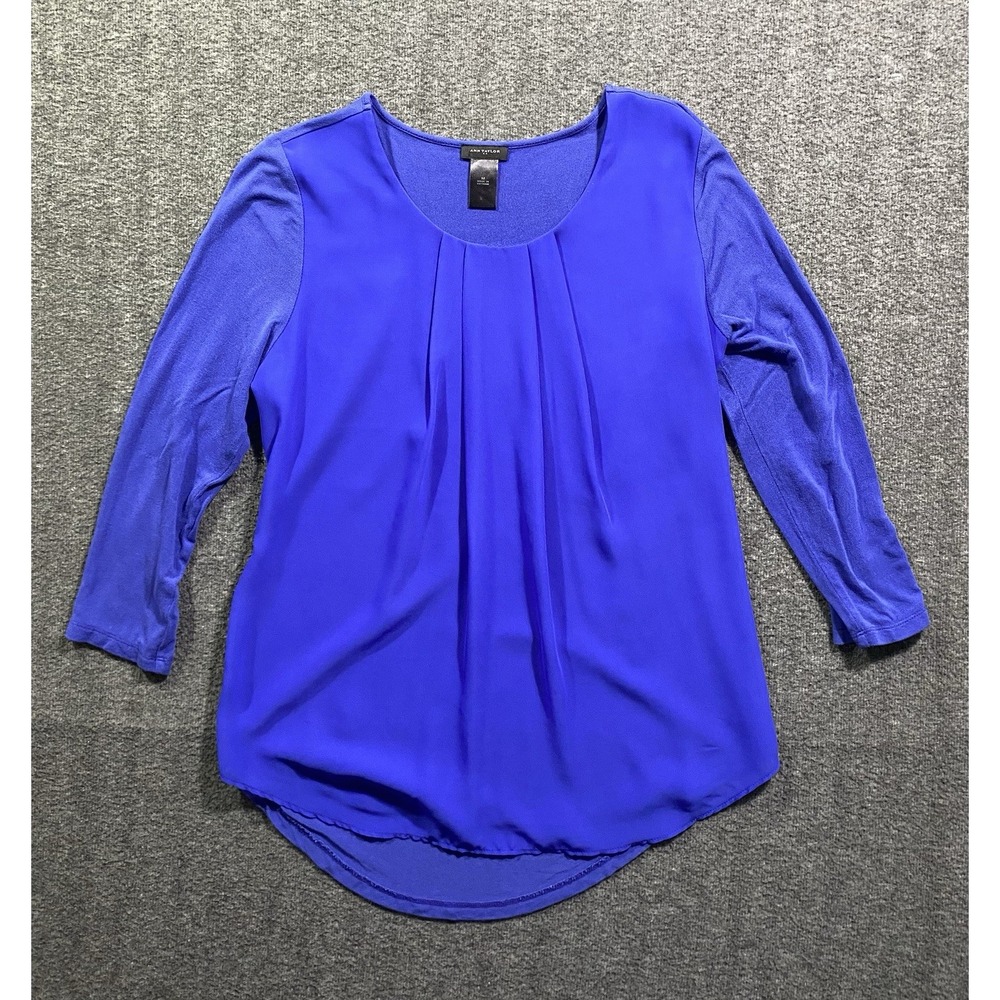 Ann Taylor Mixed Media Blouse Vibrant Blue Long Sleeves Career Size M